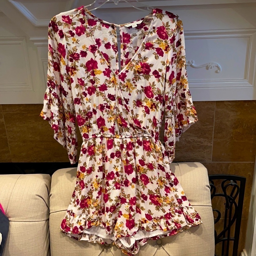 American Eagle Romper Cream Multicolor Wrap Top